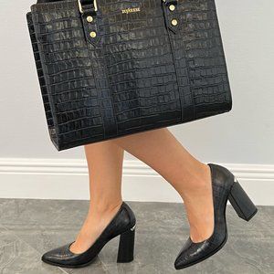 High heels, Leather, Shoes, Black, Crocodile skin pattern, just shoes